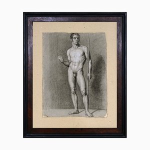 Neoclassical Artist, Men's Nude Study, Early 1800s, Charcoal & Pencil on Paper, Framed