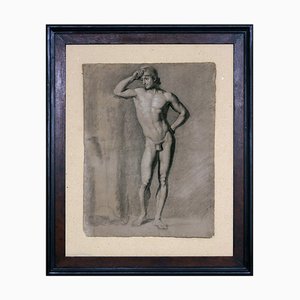 Neoclassical Artist, Men's Nude Study, Early 1800s, Charcoal & Pencil on Paper, Framed