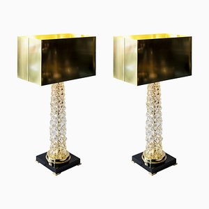 Italian Table Lamps in Murano Glass and Brass Shades, 2010s, Set of 2