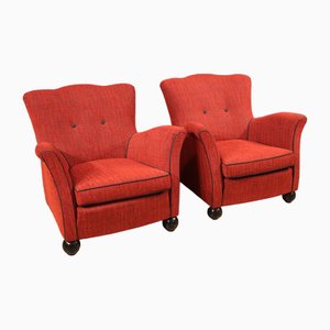 Italian Armchairs in Red Fabric, 1970, Set of 2
