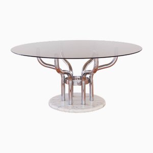 Smoked Glass Dining Table with Chromed and Marble Base in the style of Giotto Stoppino, Italy, 1970s