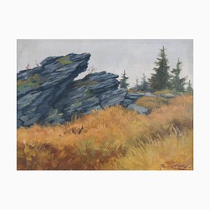 Heinz Roder, Mittelgebirgslandschaft mit Felsen, 1934, Öl