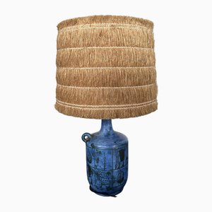 French Ceramic Lamp with Original Straw Lampshade by Jacques Blin, 1950s