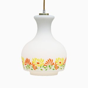 Lampe à Suspension Fleur en Verre Opalin, France, 1970