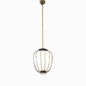Pendant Light with Brass & Metal Structure and Opaline Glass Diffuser attributed to Angelo Lelli for Arredoluce, 1950s