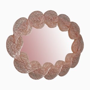 Mid-Century Murano Oval Pink Art Glass and Brass Italian Wall Mirror, 2000s