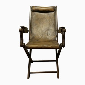 Sedia a sdraio edoardiana pieghevole in pelle, fine XIX secolo