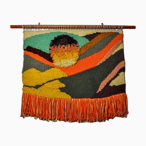 Tapiz de pared de macramé texturizado, puesta de sol catalana, España, años 70