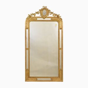 19th Century Gilt Wall Mirror with Flowers and Bow, Gold Leaf Frame, 1880s