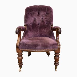 William IV Scroll Arm Button Back Library Armchair in Velvet with Porcelain & Brass Castors