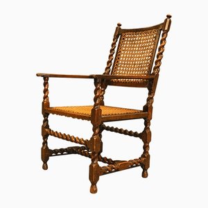 Antique Walnut Barley Twist Library Armchair with Cane Seat and Rear, 1800s