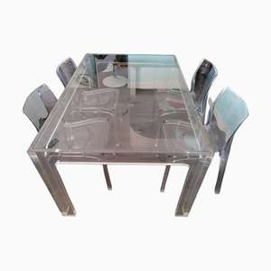 Tavolo da pranzo vintage in vetro flessibile con quattro sedie, set di 5