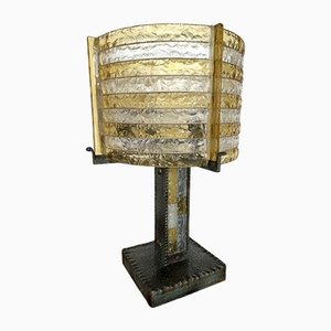 Italian Green Gilt Wrought Iron and Hammered Glass Lamp from Longobard, 1970s