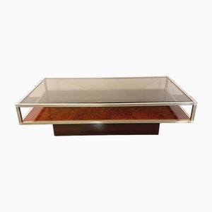 Vintage Smoked Glass Coffee Table in Chromed Metal and Magnifying Glass Wood, 1970s