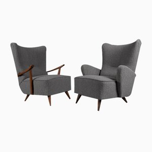 Large Grey Boucle Fabric Wingback Armchairs, 1950s, Set of 2