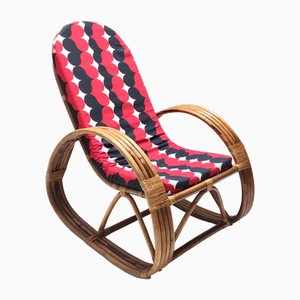 Postmodern Bamboo Rocking Chair with Red, Black and White Fabric Upholstery, 1970s