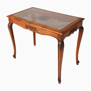 Side Table with Sculpted Elements and Rattan Top
