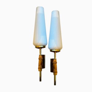 Mid-Century Modern Italian Brass Wood and White Glass Wall Sconces from Stilnovo, 1950s, Set of 2