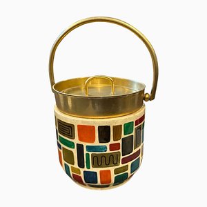 Mid-Century Modern Hand-Painted Goatskin and Brass Ice Bucket by Aldo Tura, 1950s