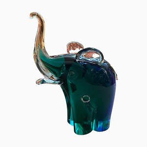 Modernist Blue and Green Sommerso Murano Glass Elephant by Vincenzo Nason, 1980s