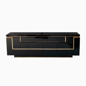 Brass Sideboard in High Gloss Black by Jean Claude Mahey for Roche Bobois, 1980s