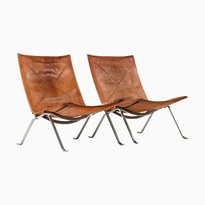 Set of Easy Chairs in Original Leather and Steel by Poul Kjærholm, 1950s
