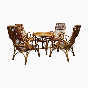 Rattan Round Dining Table Set with Matching Chairs by Franco Albini, Italy, 1960s, Set of 5