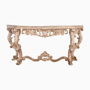 French Carved Wood Console Table with Marble Top