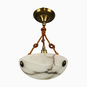 Small French Art Deco White and Black Alabaster Pendant Light, 1930s