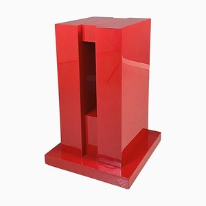 Mid-Century Italian Geometric Pedestal in Red Lacquered Wood, 1980s