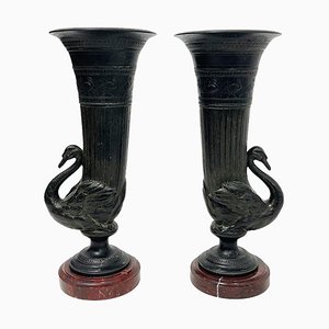 19th Century Bronze Rhyton Shaped Swan Vases, Set of 2
