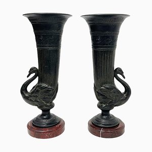 Rhyton Schwanenvasen aus Bronze, 19. Jh., 2er Set