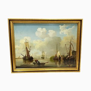 David Kleyne, paisaje marino con barcos, pintura al óleo, enmarcado