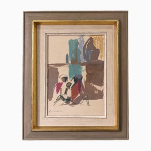 Seated Figures, 1950s, Pastel & Watercolor, Framed