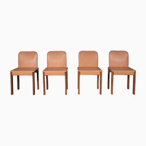Dining Chairs in Leather & Walnut, Set of 4