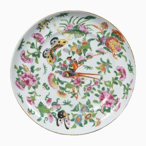 Plato cantón de porcelana, siglo XIX con decoración floral y mariposa