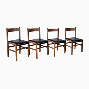 Beech and Leather Chairs, Italy, 1970s, Set of 4