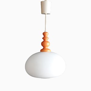 Vintage Ceiling Lamp with Orange Wood Mounting and Opaque White Glass Shade, 1970s