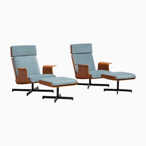 Modernist Teak Plywood Lounge Chairs with Ottoman, 1960s, Set of 4