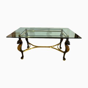 Golden Brass & Steel Cast Iron Dining Table with Lion Head Feet & Bevelled Glass Tray