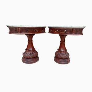 Carved Wood Demi Lune Nightstands with Marble Top, 1940, Set of 2