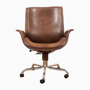 Office Chair in Brown Leather with Tubular Steel Frame by Ernst Lüthy for Atelier L, 1977