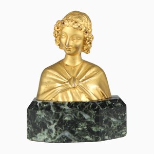 Busto antico in miniatura firmato di giovane donna in bronzo dorato, anni '70 dell'Ottocento