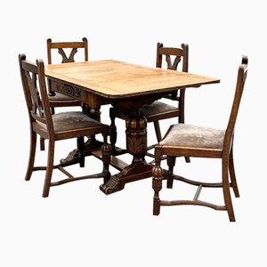 Edwardianischer Eichenholz Tisch und Stühle, 5 . Set