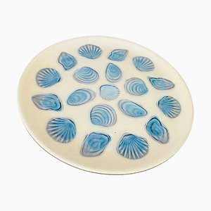 Large French Oyster Plate in Ceramic Blue and White from Elchinger, 1960