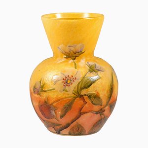 Art Nouveau Cameo Vase with Strawberry Blossoms Decor from Daum Nancy, France, 1910s