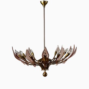 Vintage Ceiling Lamp in Brass & Glass, Italy, 1950s
