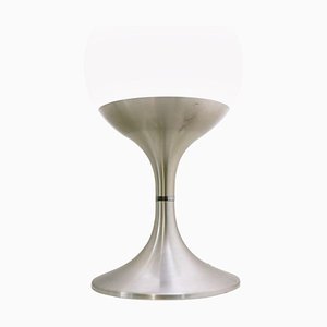 Lámpara de mesa hongo de vidrio opalino y aluminio cepillado, años 70