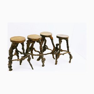 Primitive Stools with Round Slab Seat and Legs Constructed from Vines, 1960s, Set of 4