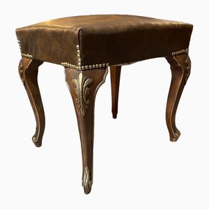 Stool with Carved Legs and Leather Top